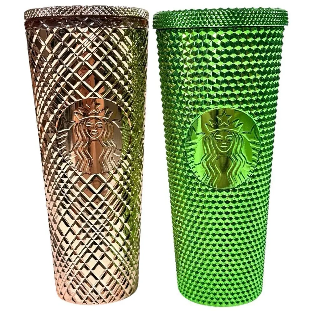 Starbucks 2 Studded Tumbler Cold Cup 24oz Rose Gold And Metallic Green. NO STRAW